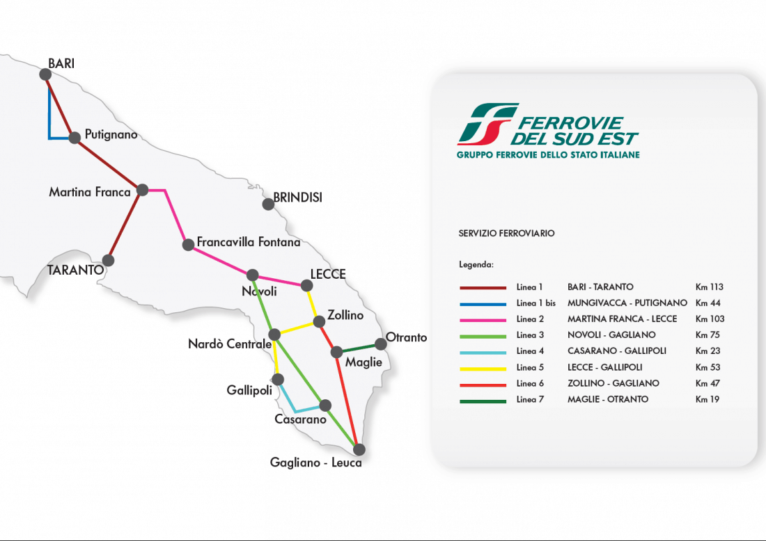 FSE (Ferrovie del Sud) train route map in Puglia
