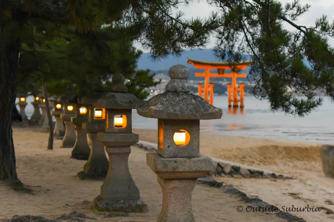 Lanterns and torii gate on Miyajima Island, Japan