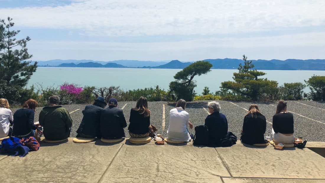 Panoramic sea view terrace of cafe at Chichu Art Museum on Naoshima Island, Japan