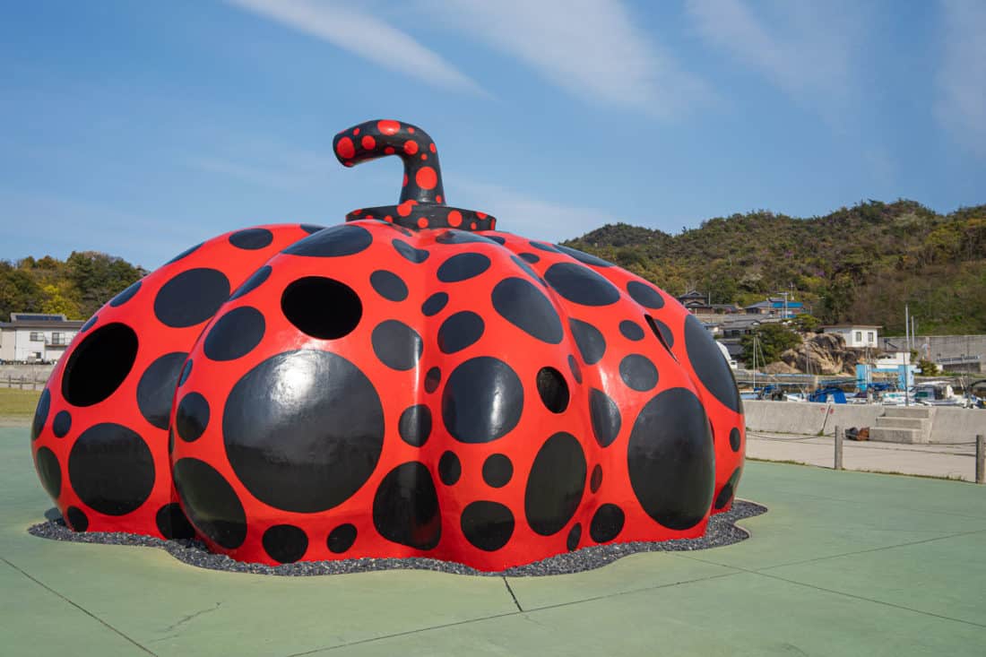 Red Pumpkin by Yayoi Kusama at Miyanoura Port on Naoshima Art Island in Japan