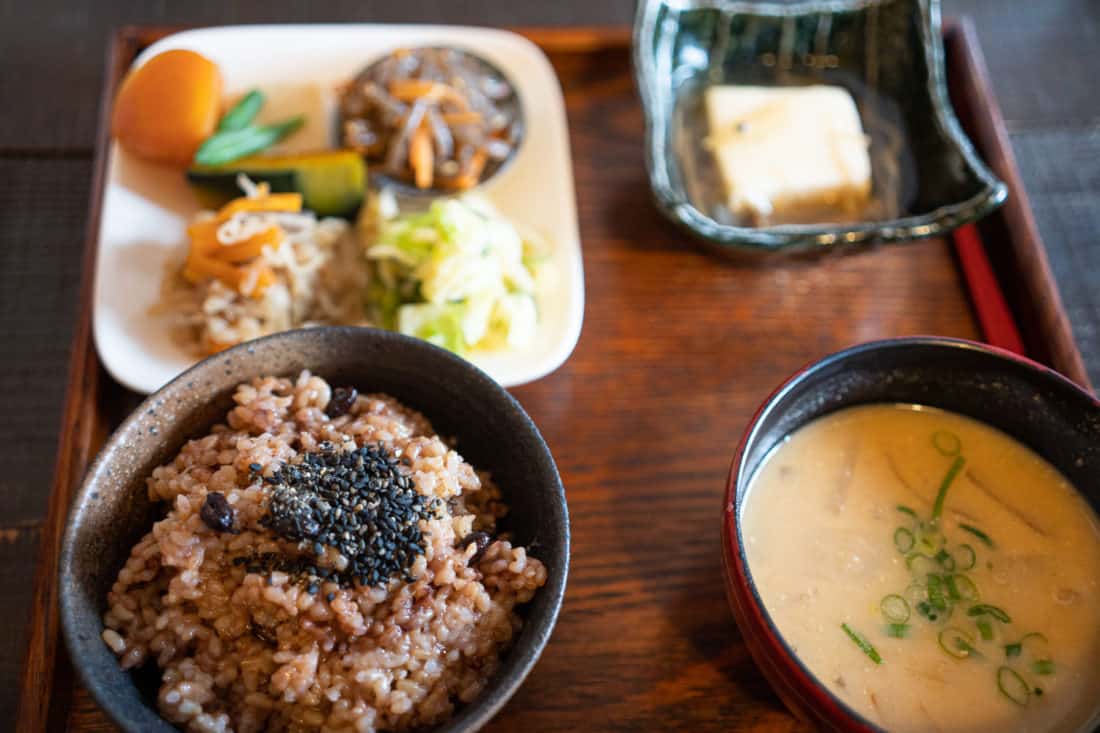 Vegetarian lunch set at Aisunao in Honmura village on Naoshima Island, Japan