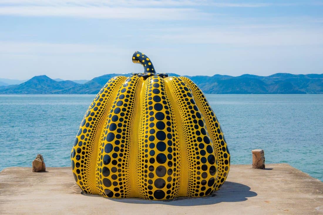 The Naoshima pumpkin or Yellow Pumpkin sculpture by Yayoi Kusama on Naoshima Art Island in Japan