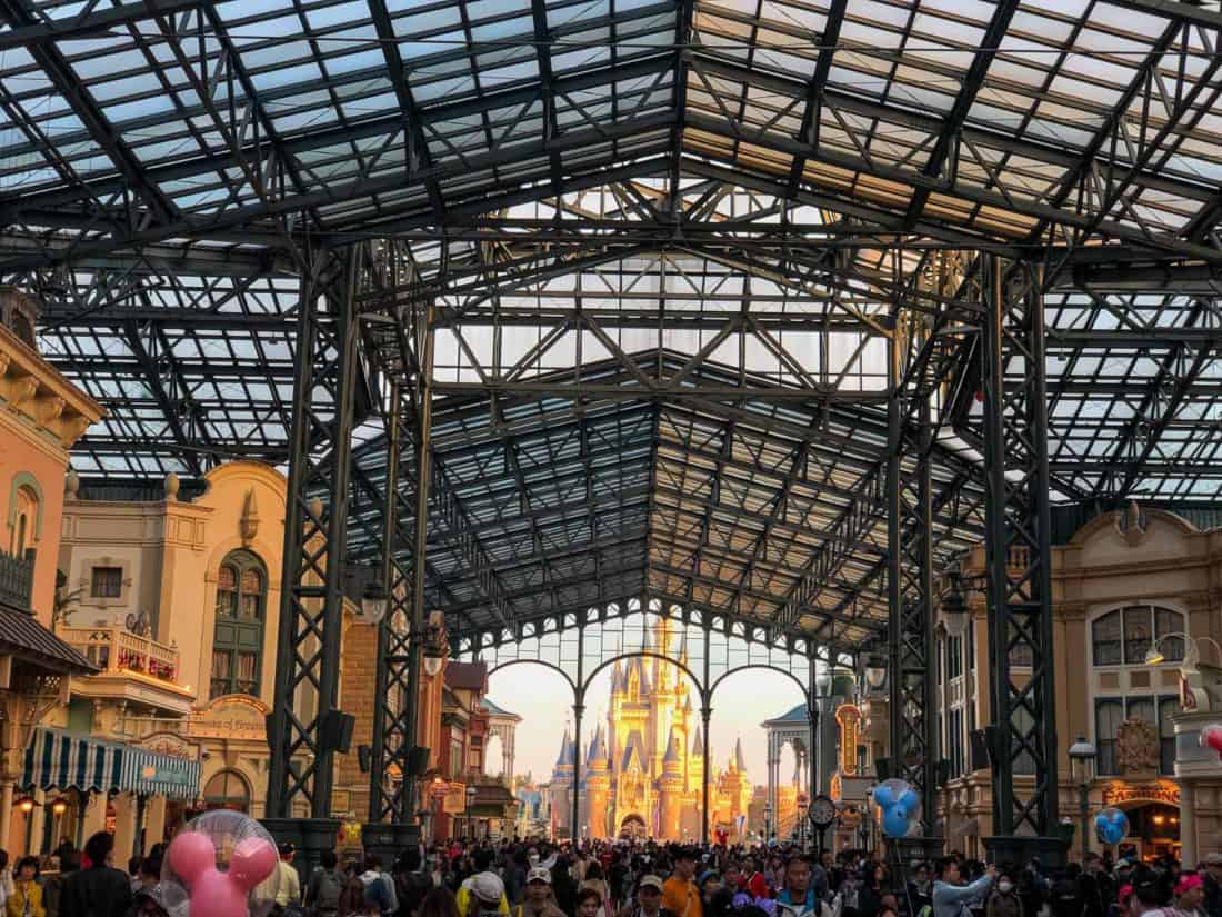 Crowds on Main Street at Tokyo Disneyland