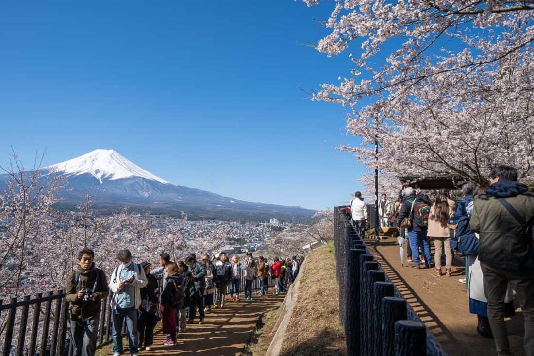 The queue to photograph Mount Fuji at Chureito Pagoda, Japan