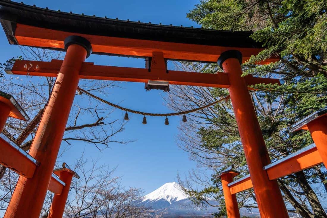 Mount Fuji and torii gate at Arakurayama Sengen Park in Fuji Five Lakes, Japan