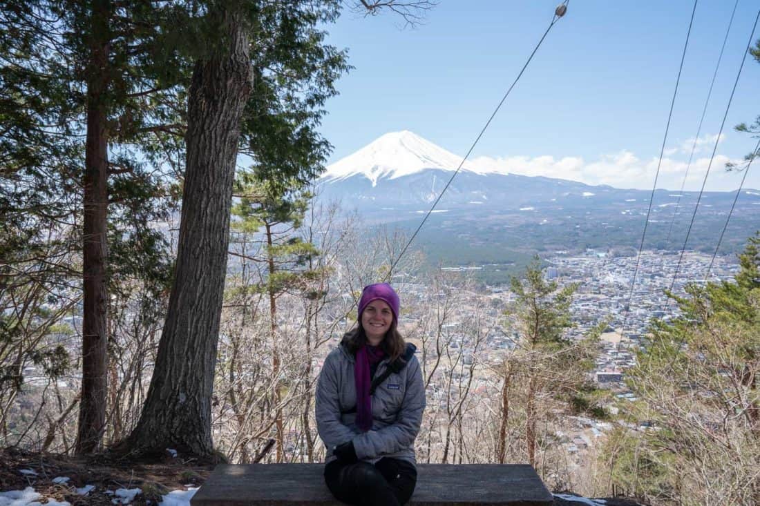 Mount Fuji view on the forest path down from the Kawaguchiko Ropeway, Japan