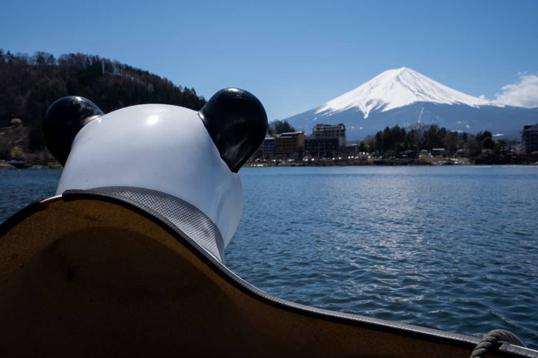 Mount Fuji from a panda boat on Lake Kawaguchiko, Japan