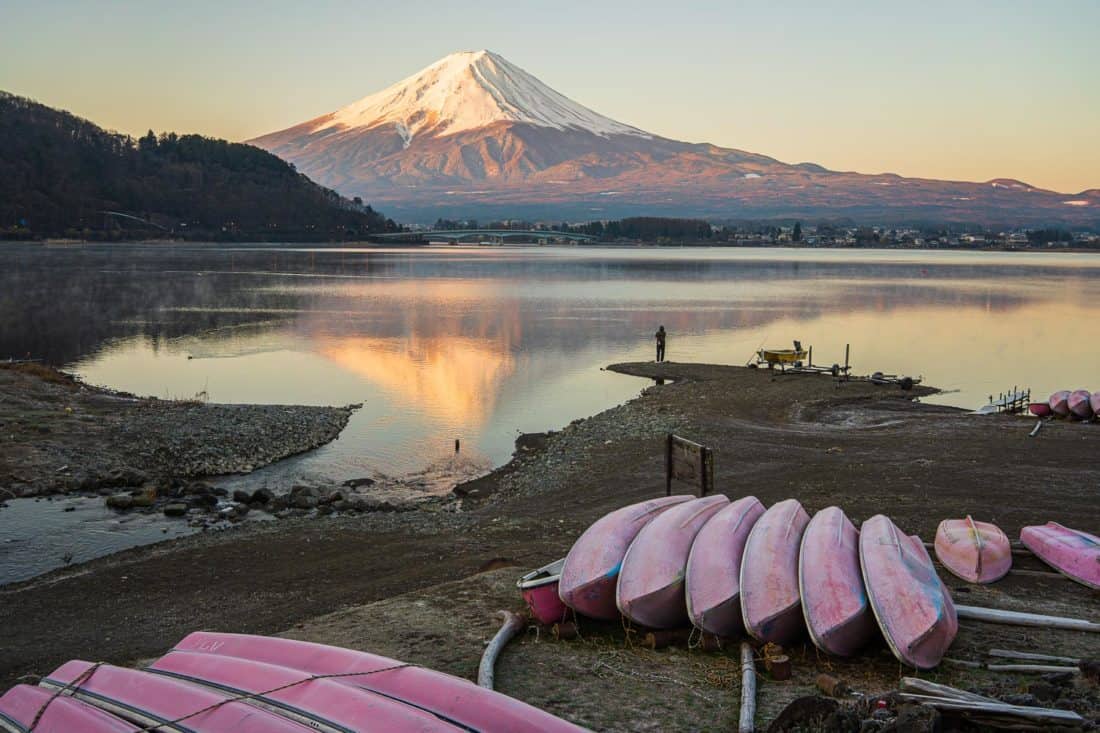 Mount Fuji at sunrise on Lake Kawaguchiko north shore, Japan