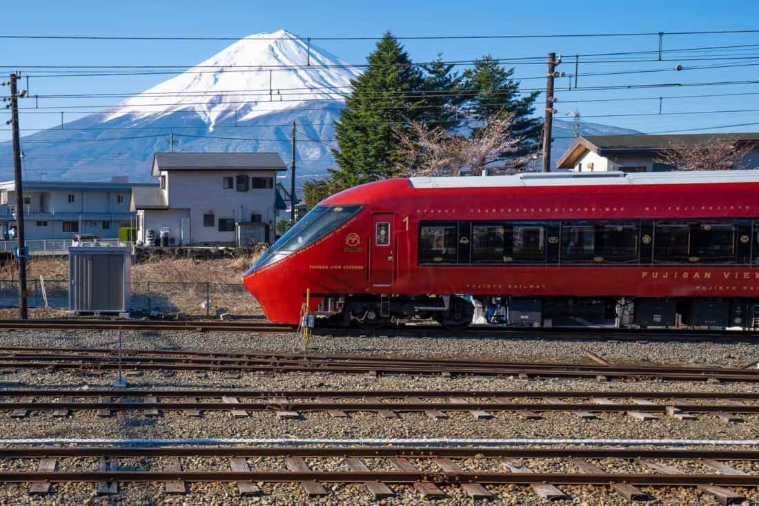 The Fujisan View Express train runs from Otsuki to Kawaguchiko, Japan