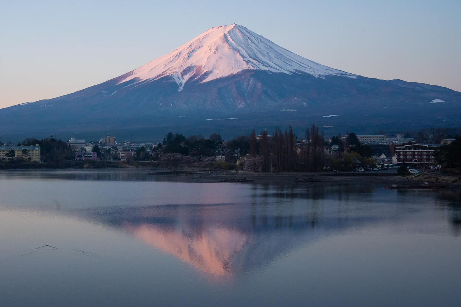 Mount Fuji at Lake Kawaguchiko at sunrise from the north shore