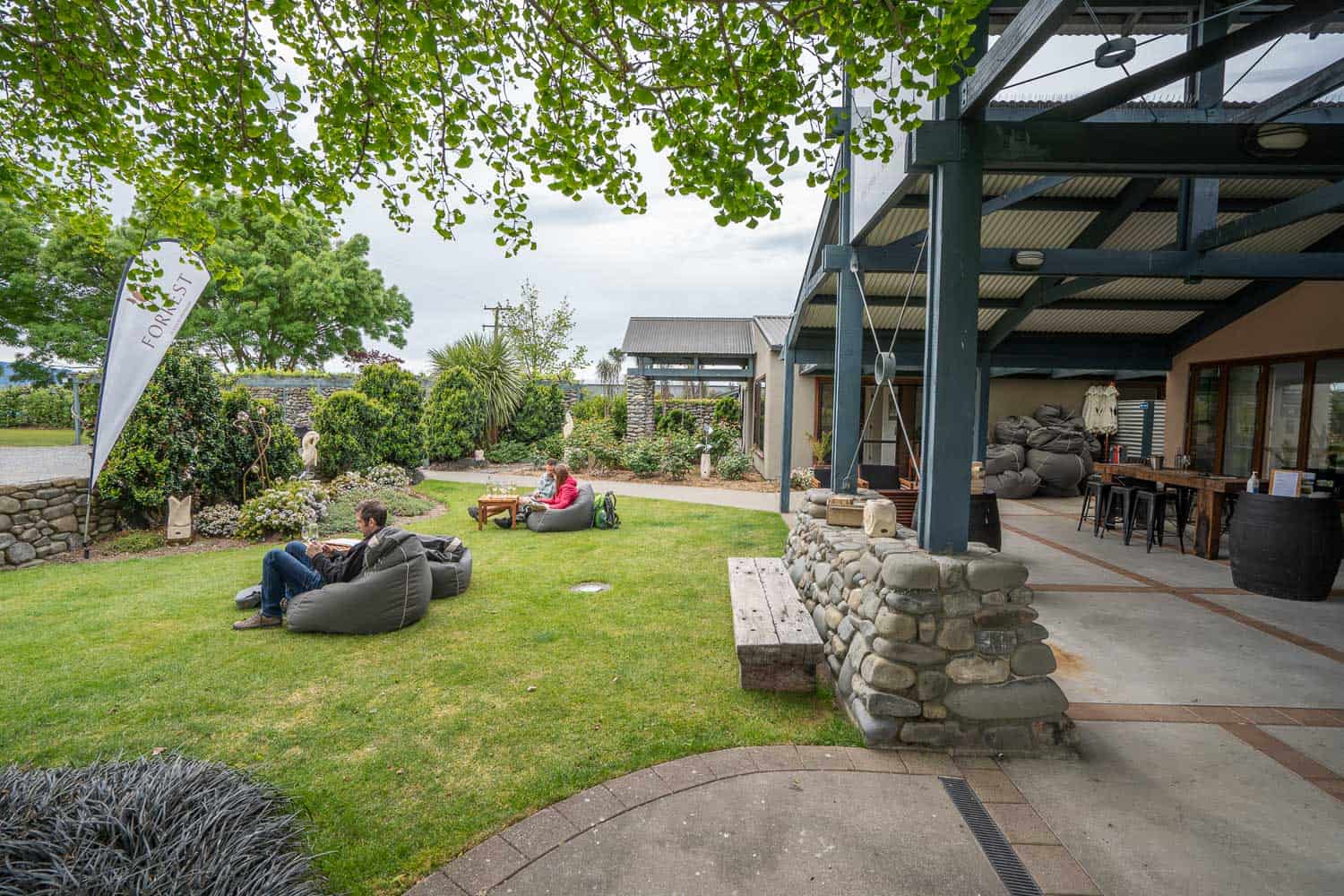 Bean bag chairs in the garden at Forrest cellar door in Marlborough, New Zealand