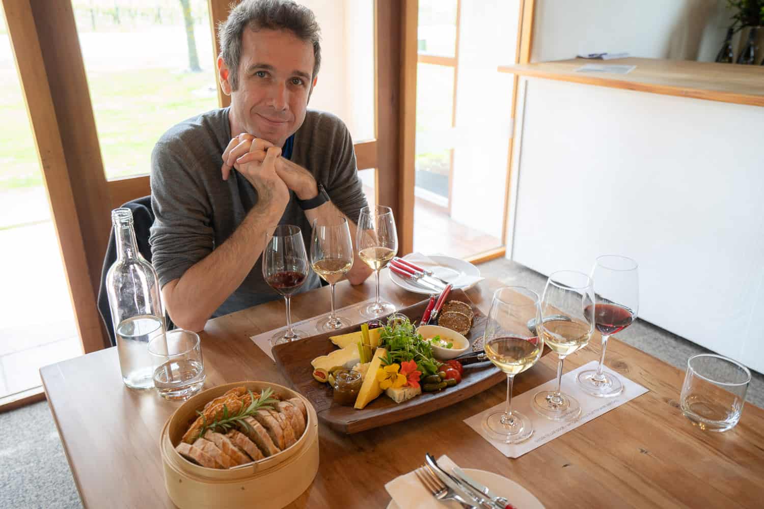 Cheese platter and wine flight at Giesen winery on the Marlborough wine trail, New Zealand