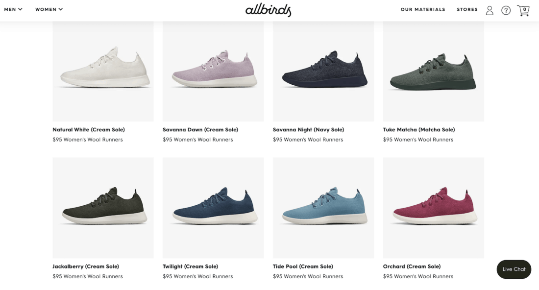Allbirds wool runners website showing a range of colours available