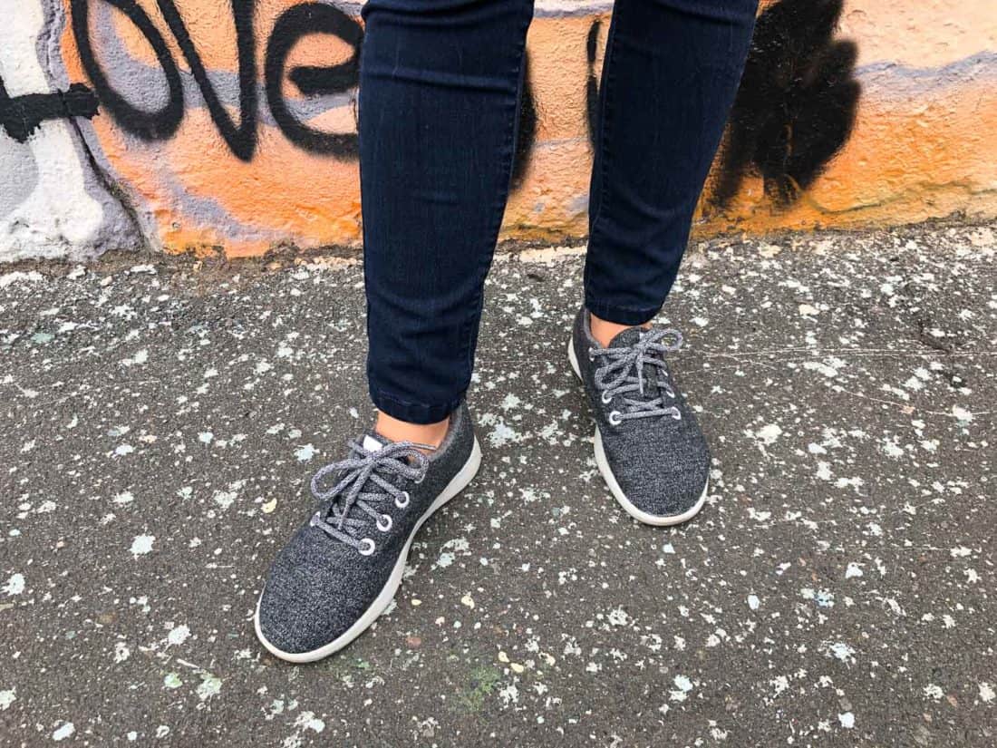 Allbirds wool runners in grey worn without socks