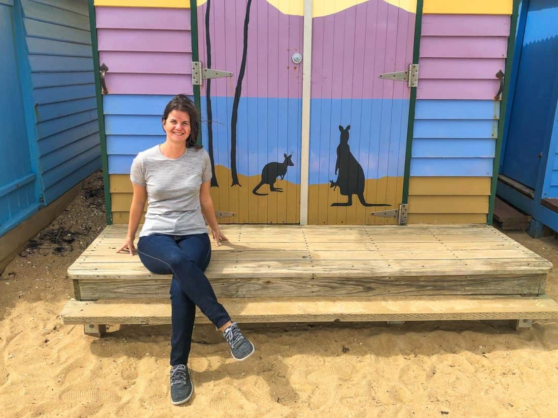 Erin wearing Allbirds Wool Runners at the Brighton Bathing Boxes in Melbourne