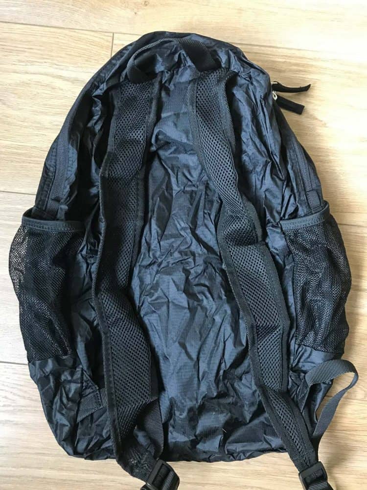 The back of the AmazonBasics packable and foldable daypack