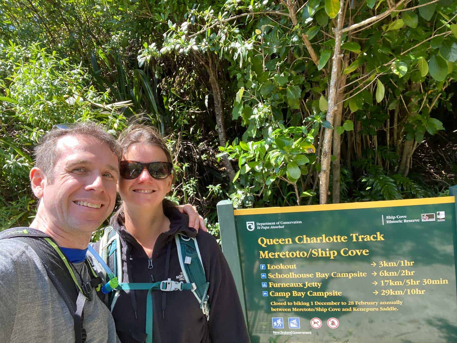 Simon and Erin at the start of the Queen Charlotte Track in Ship Cove