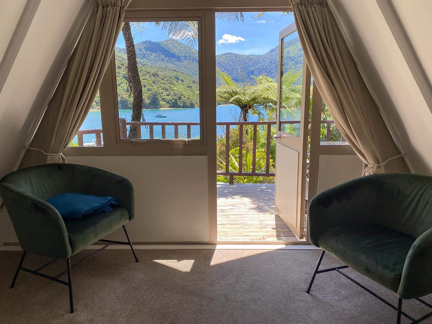 Sea view from Koru Chalet at Punga Cove Resort on the Queen Charlotte Track, New Zealand