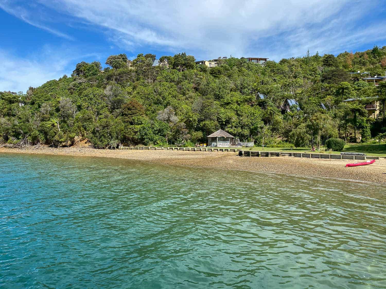 Beach at Punga Cove Resort in the Marlborough Sounds, Queen Charlotte Track, New Zealand