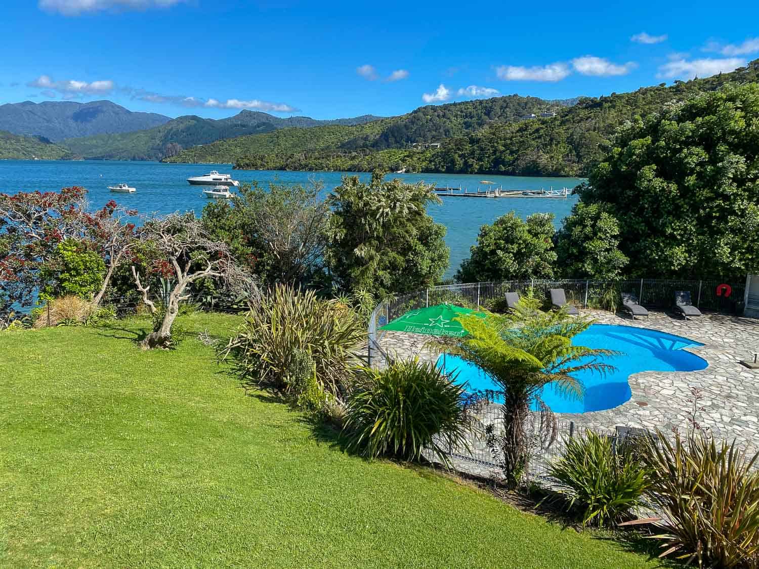 Pool at Portage Hotel on the Queen Charlotte Track, New Zealand