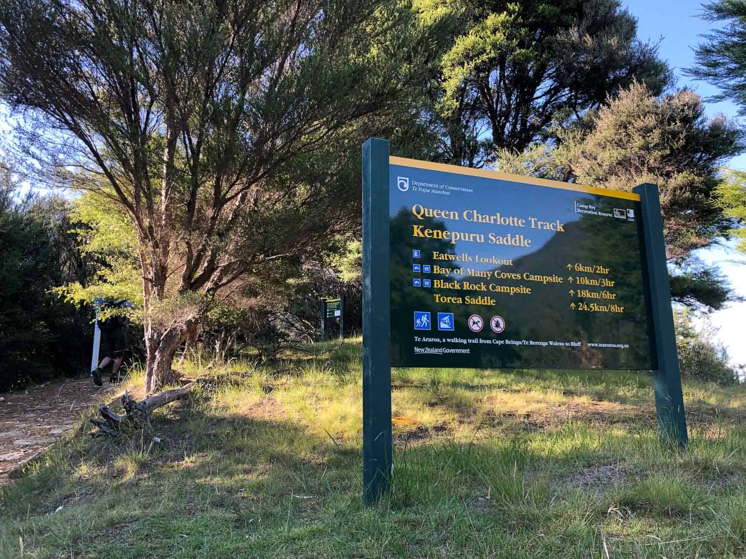 DOC Kenepuru Saddle sign at the start of Day 3 of the Queen Charlotte Track, New Zealand