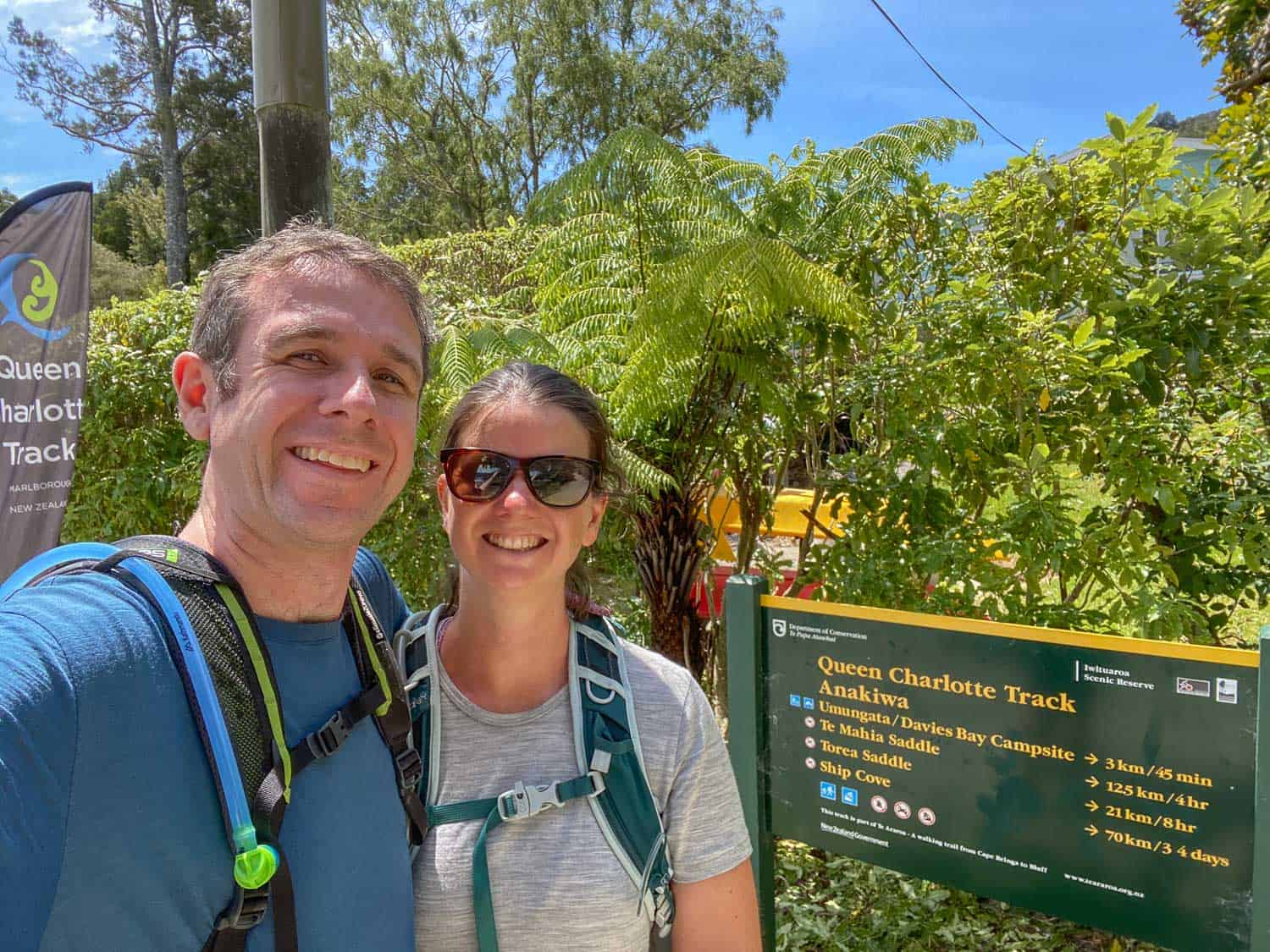 Simon and Erin at the end of the Queen Charlotte Track in Anakiwa, New Zealand