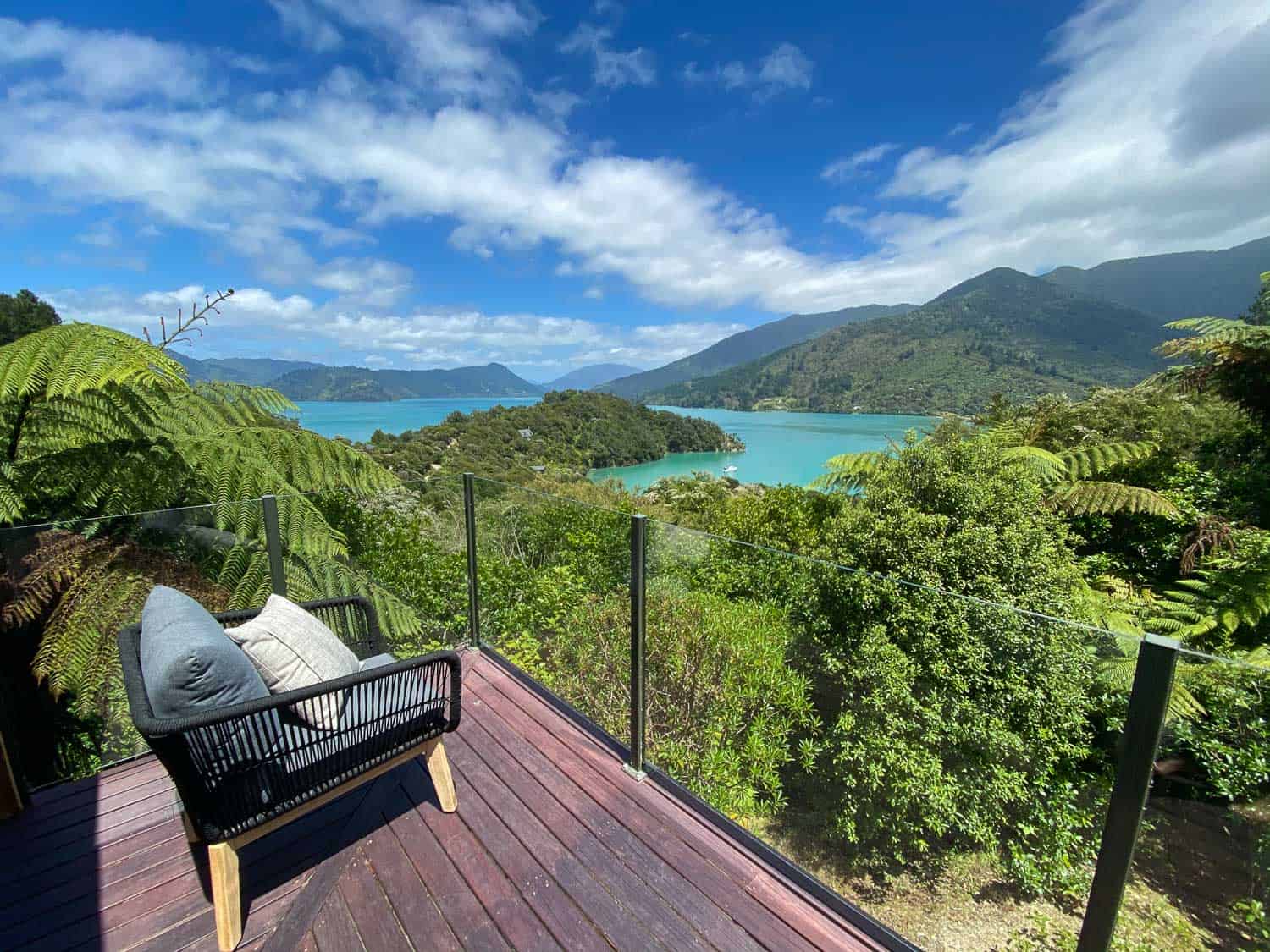 View from the terrace of St Omer's Hideout in the Marlborough Sounds, New Zealand