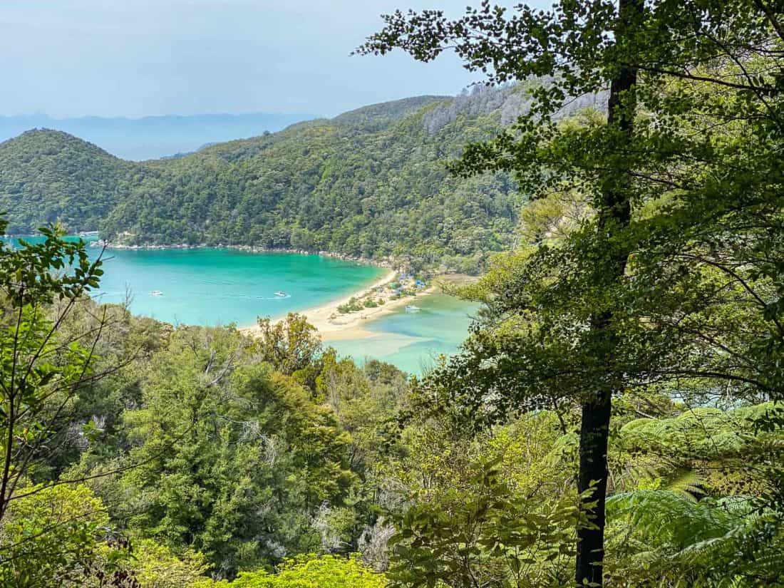 Bark Bay beach and estuary in Abel Tasman National Park from above, New Zealand