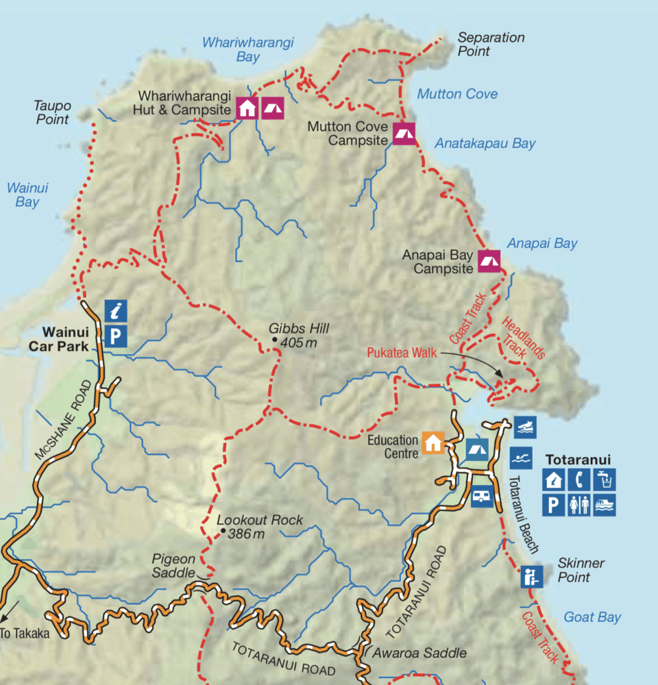 Map of the north section of Abel Tasman National Park around Totaranui