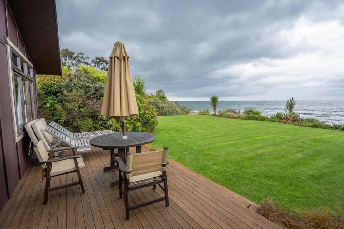 Terrace of our beachfront cottage at Adrift in Golden Bay, New Zealand