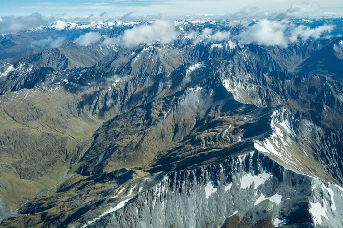 Mountain views on the flight from Queenstown to Milford Sound, New Zealand