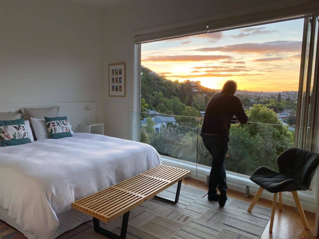 Sunset view from Airbnb studio in Nelson, New Zealand