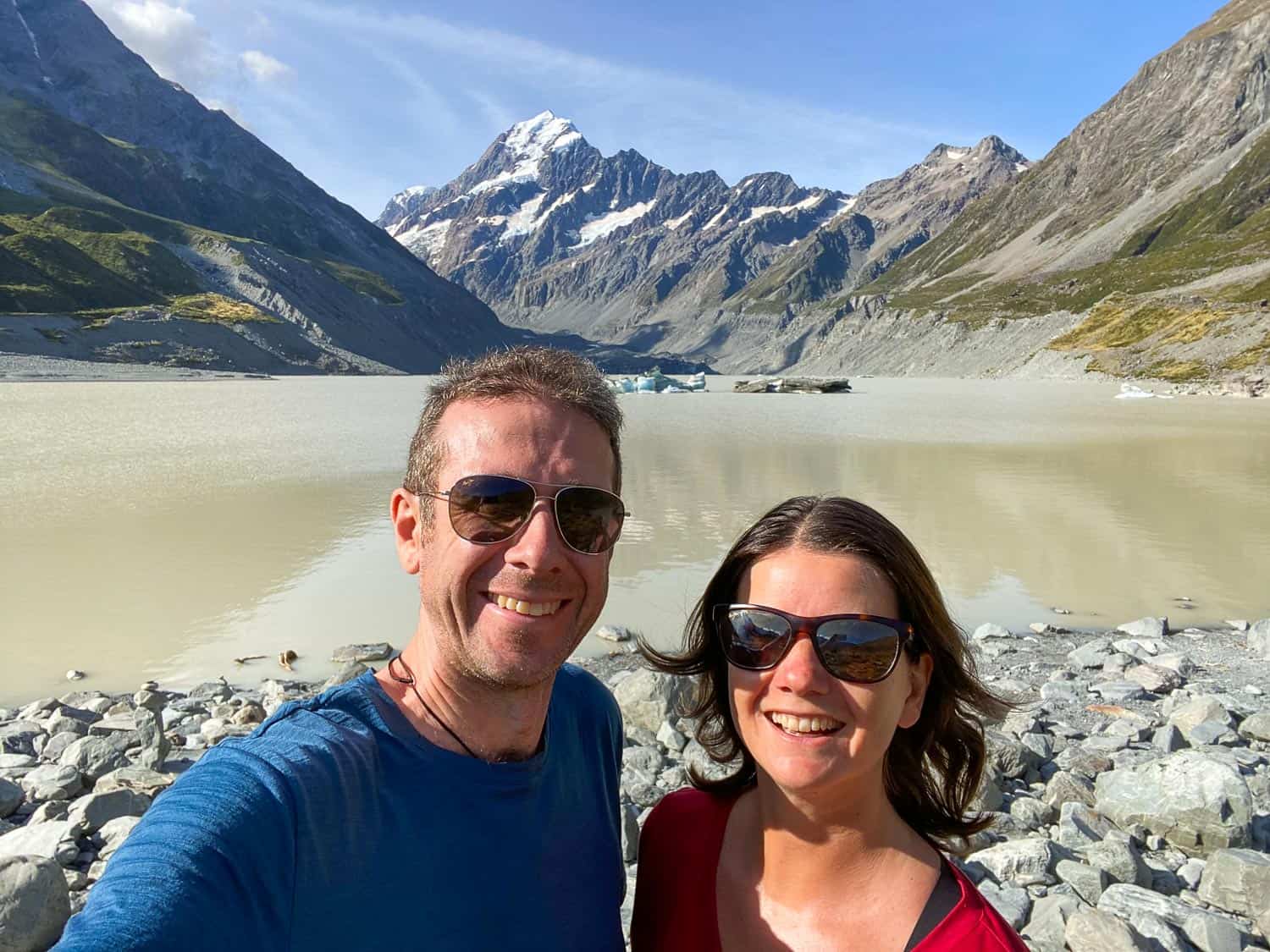 Simon and Erin at Hooker Lake with Mt Cook behind