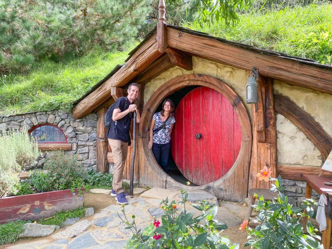 Simon and Erin at the artist hobbit hole at Hobbiton Movie Set, New Zealand