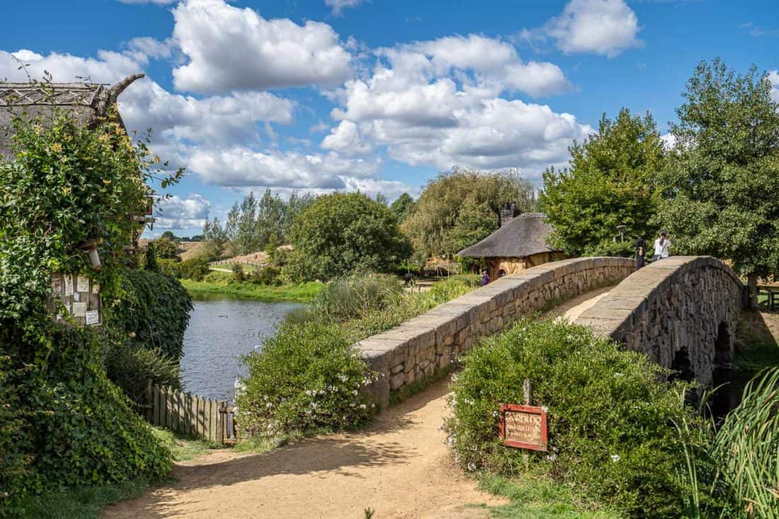 The water mill and stone bridge at Hobbiton Movie Set, New Zealand