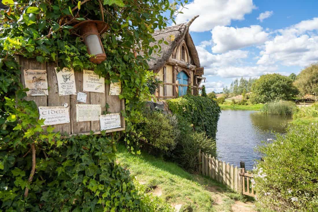 The noticeboard outside the water mill at Hobbiton village, New Zealand