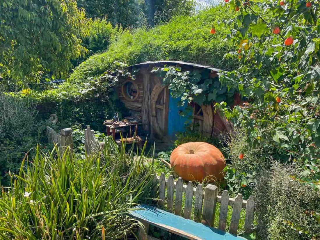 Pumpkin outside a hobbit hole at Hobbiton Movie Set, New Zealand