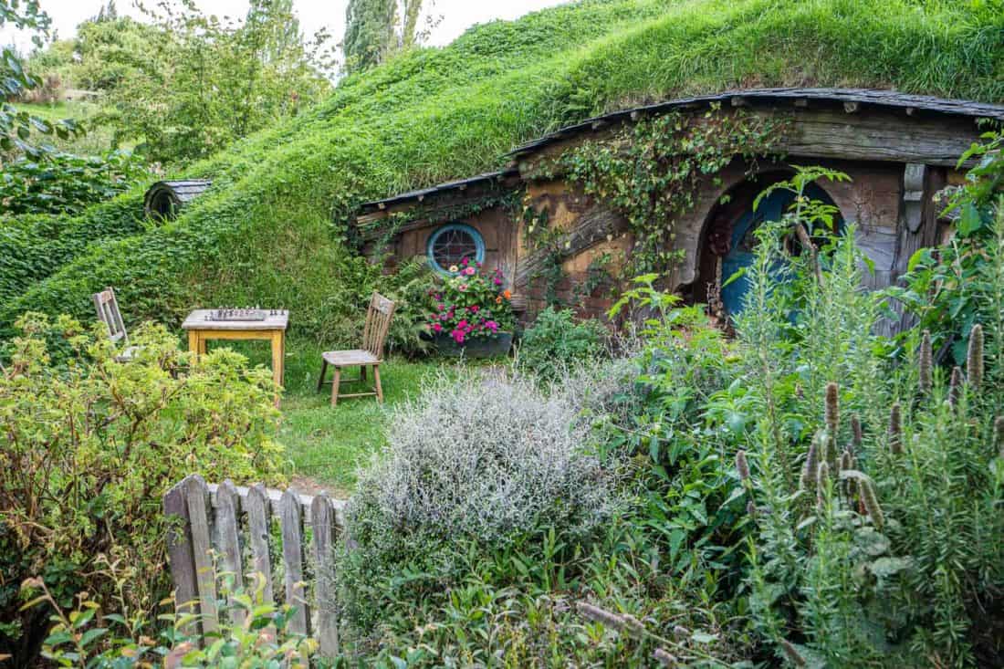 Chess set outside a hobbit hole at Hobbiton Movie Set in New Zealand