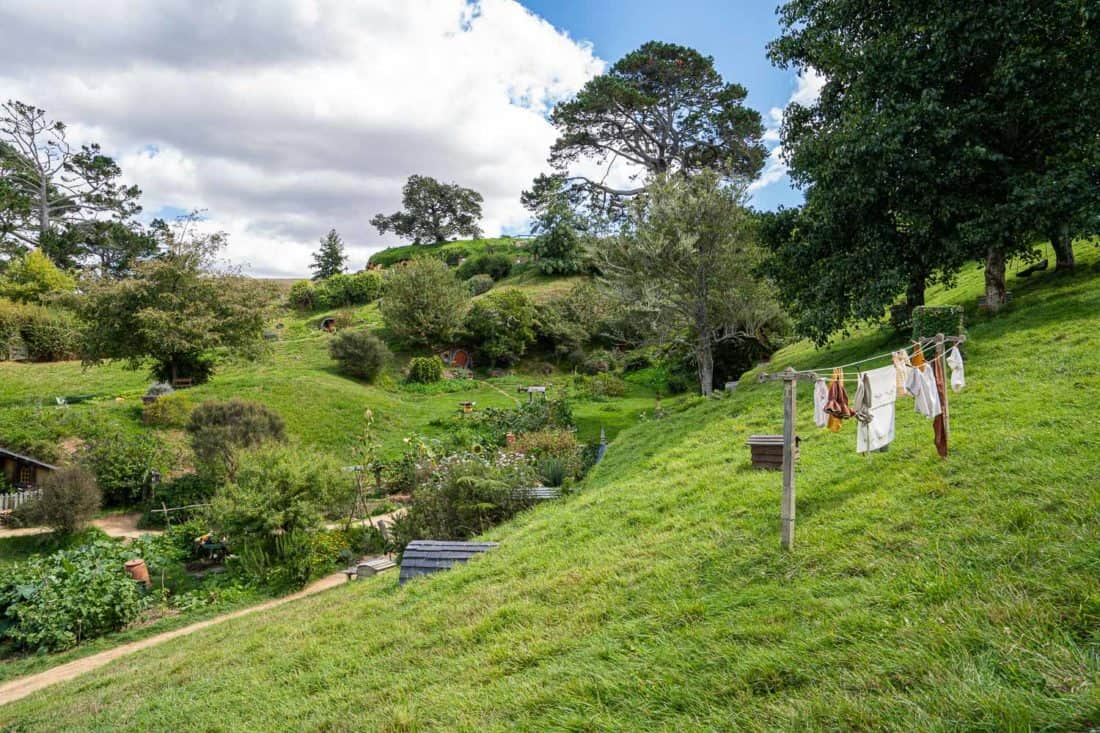 Clothing line and vegetable garden at Hobbiton village in New Zealand