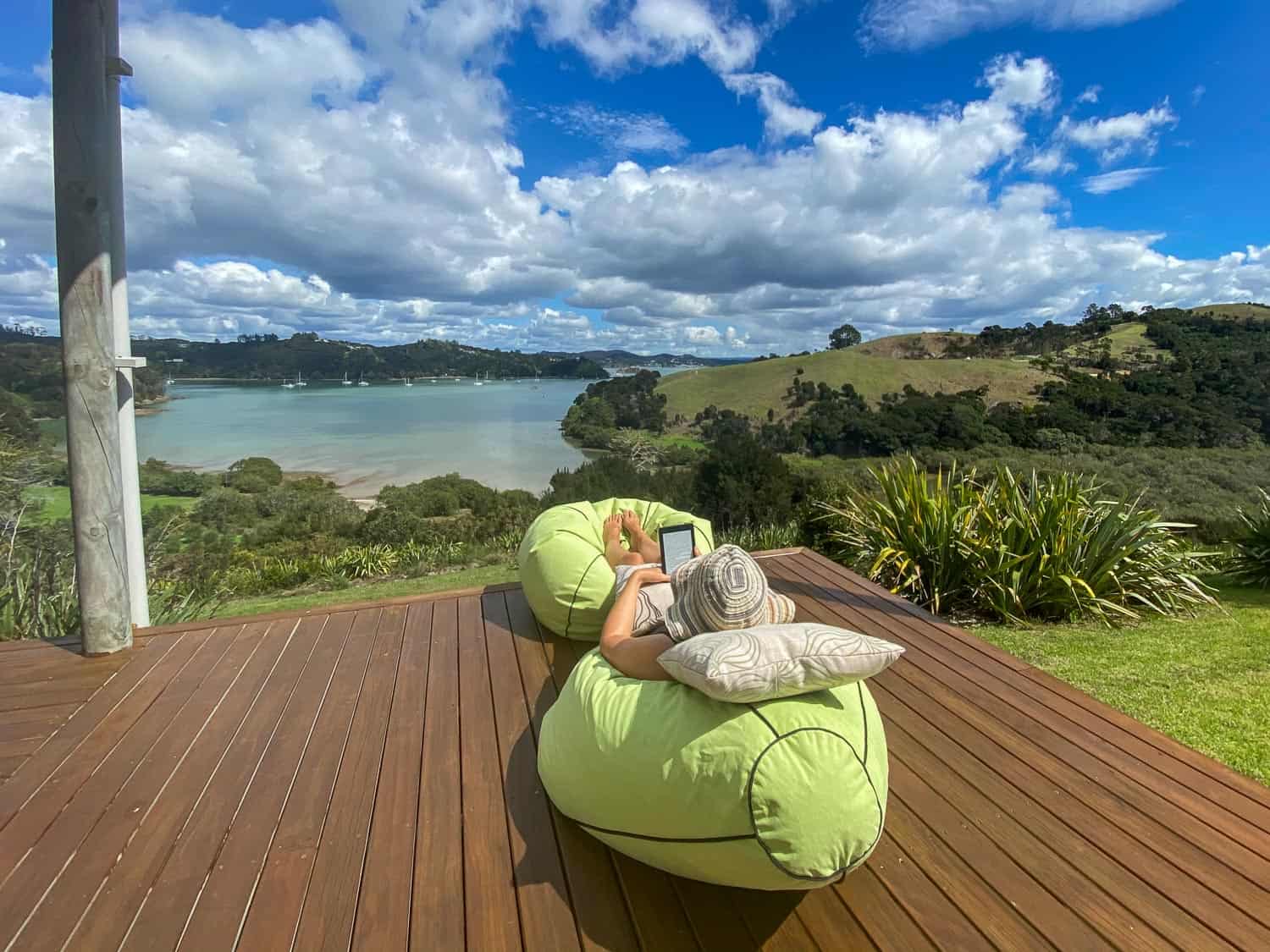 Relaxing in a beanbag on the terrace of our Russell Airbnb during my lockdown birthday