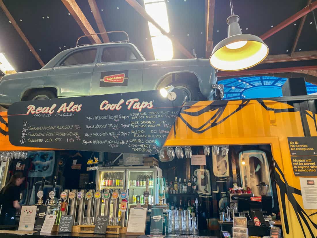 The vintage car at The Workshop bar in Nelson, New Zealand