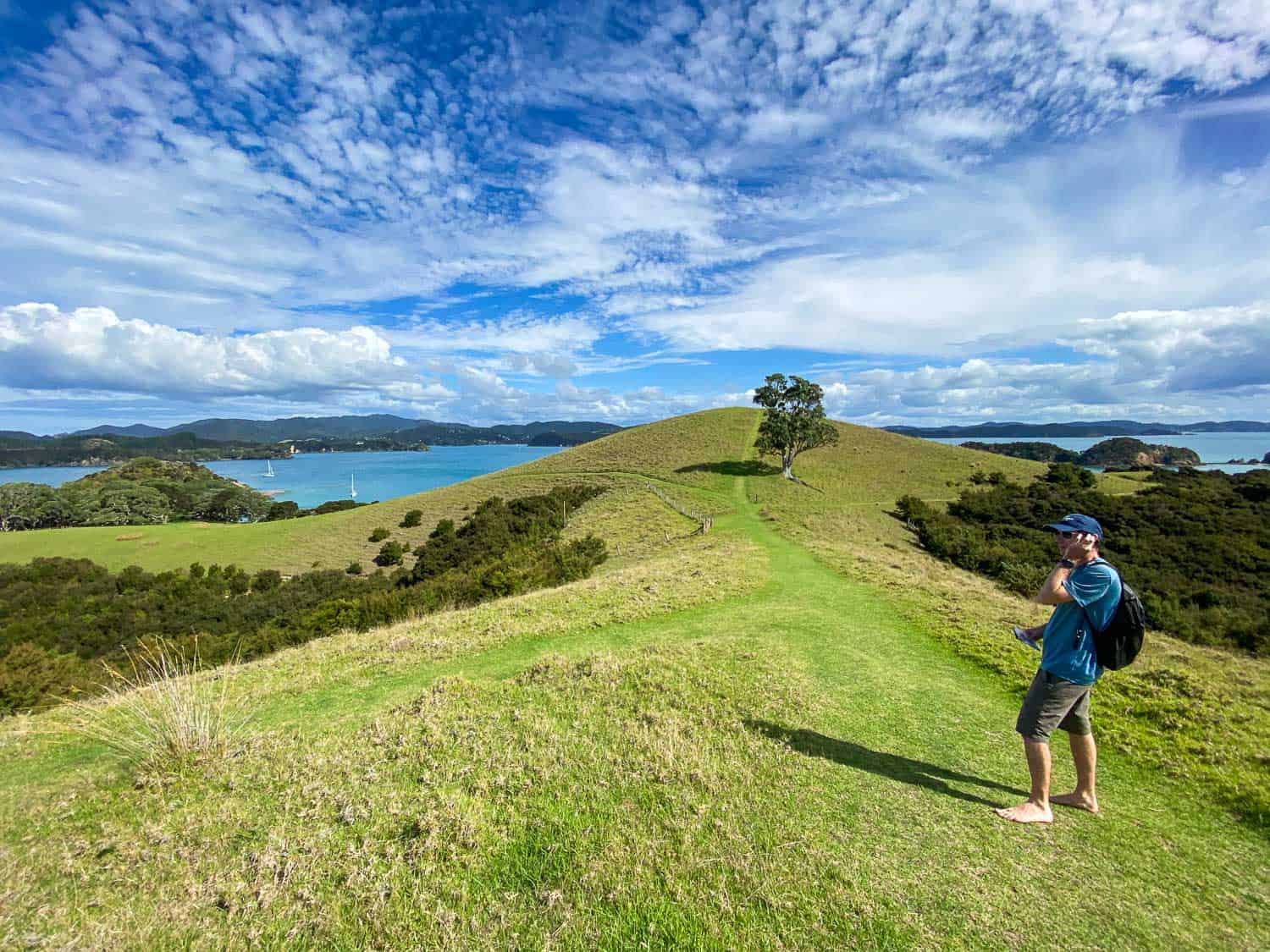 Walking barefoot on grass on Urupukapuka Island in the Bay of Islands, New Zealand