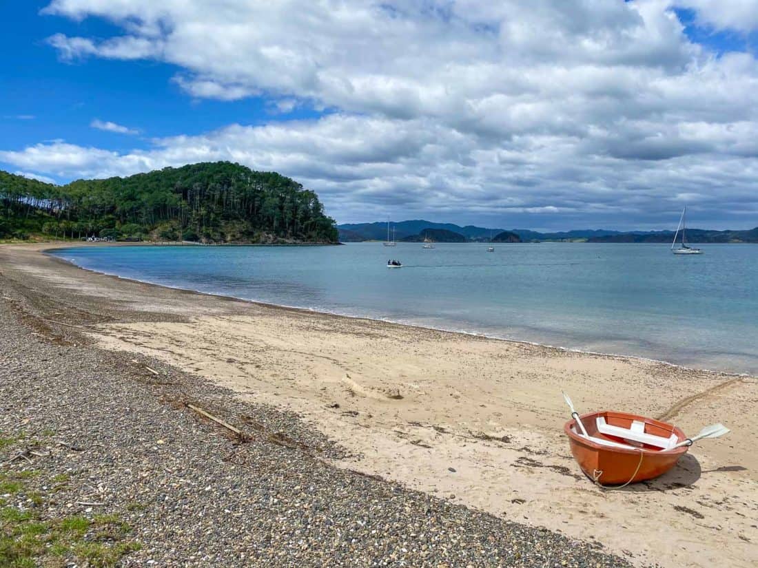 Our dinghy on Roberton Island in the Bay of Islands, New Zealand