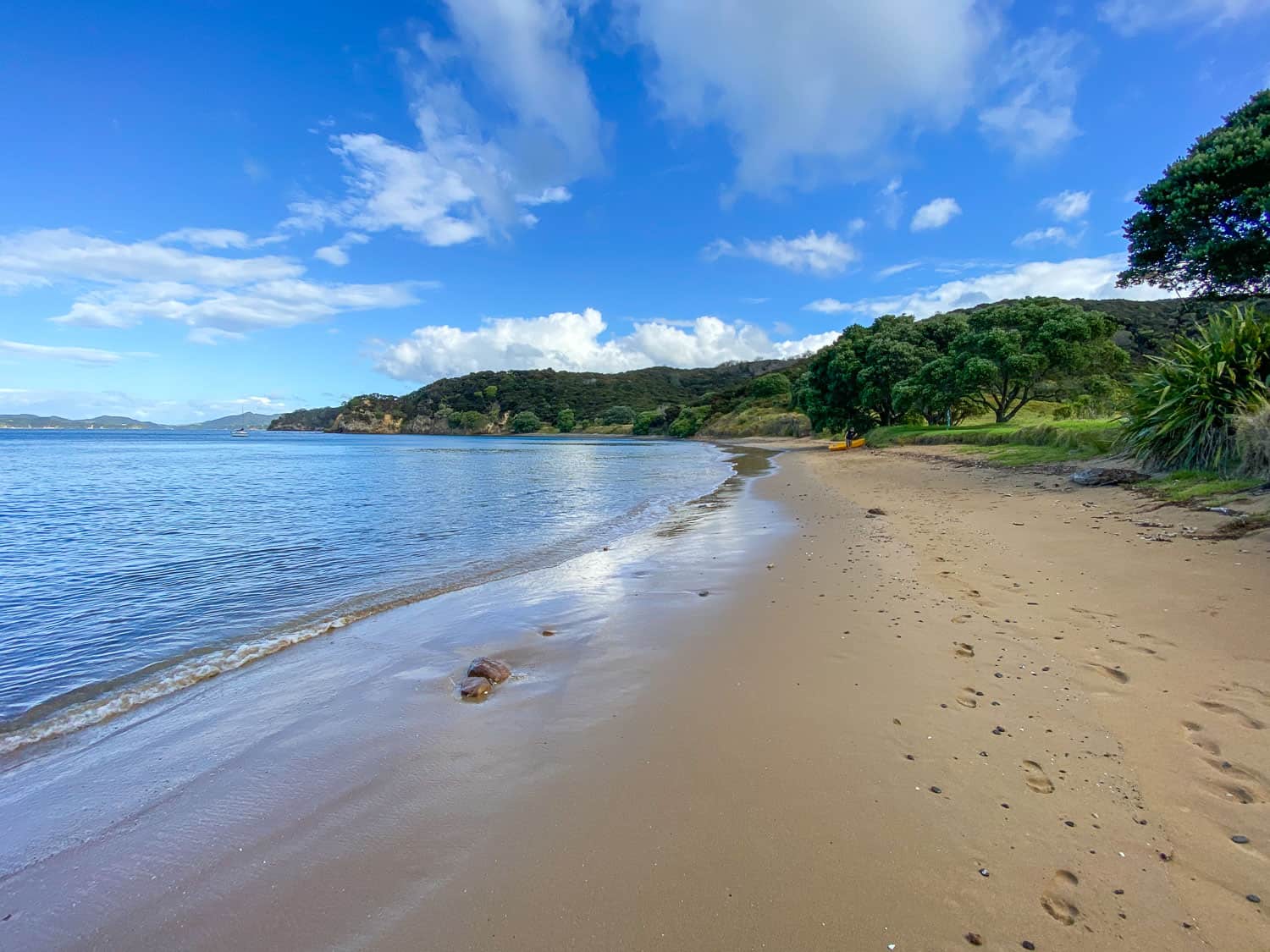 The beach at Waiwhapuku Bay, known as Army Bay, on Moturua Island in New Zealand's Bay of Islands