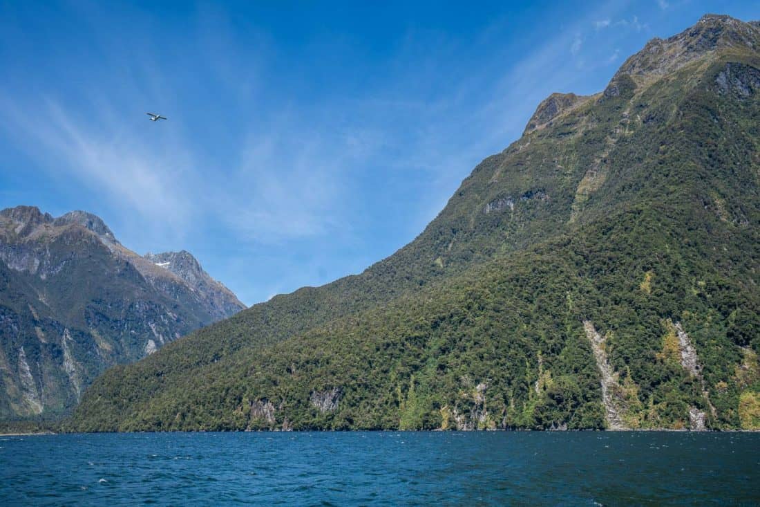 Small plane flying over Milford Sound