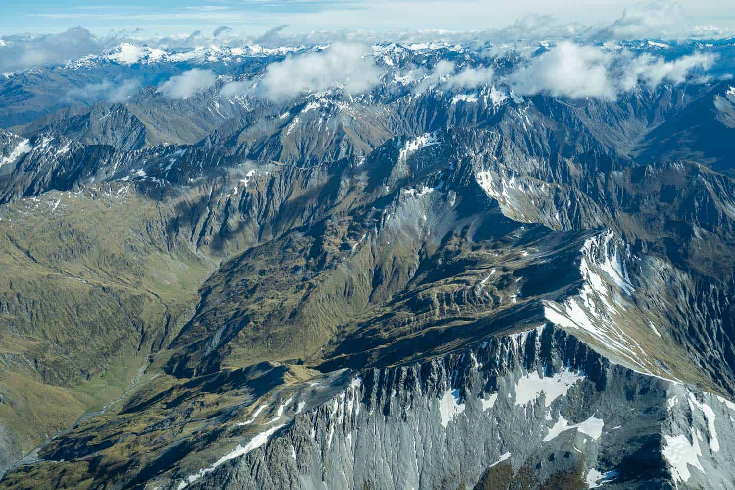View of Southern Alps near Queenstown on a scenic flight to Milford Sound