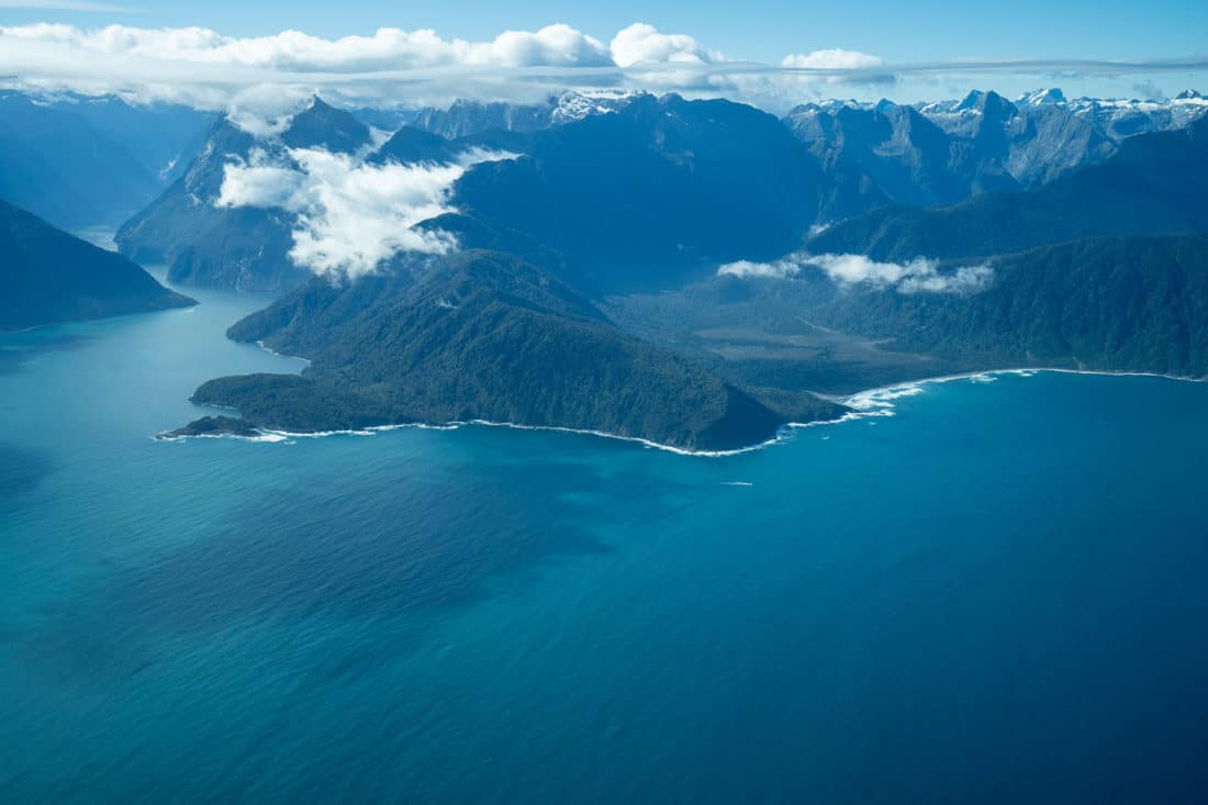 Entrance from the sea to Milford Sound taken from a plane from above