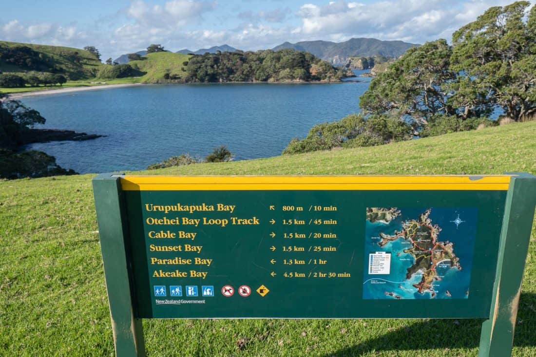 Map and signs for Urupukapuka Island walks from just above Otehei Bay, Bay of Islands, NZ