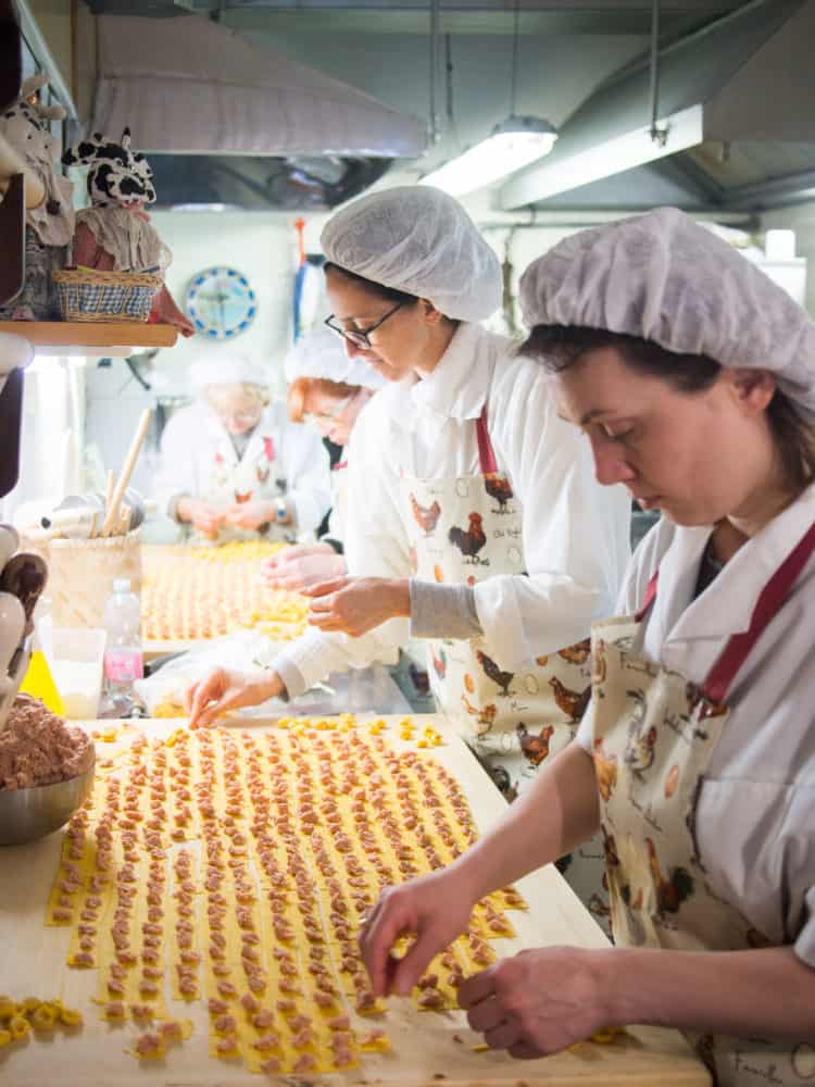 Tortellini being made in a local pasta shop in Bologna, Italy