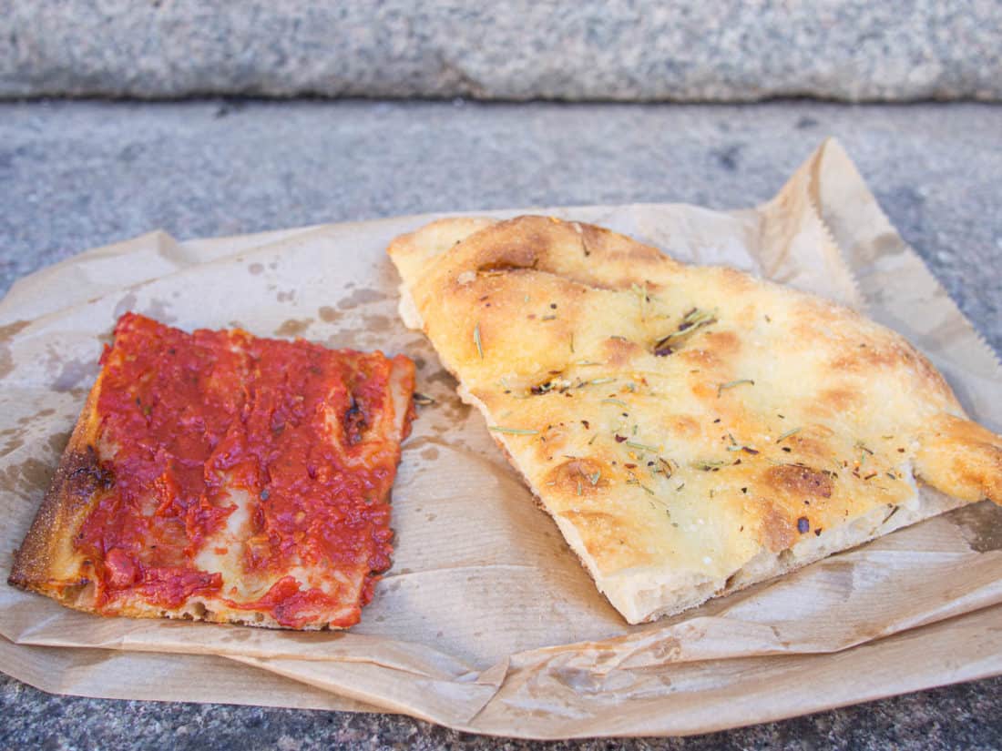 Pizza rossa and pizza bianca from Antico Forno Roscioli in Rome, Italy